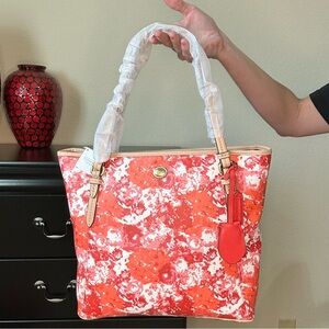 Coach Red and Pink Payton Floral Print Zip Top Tote Bag MSRP $328